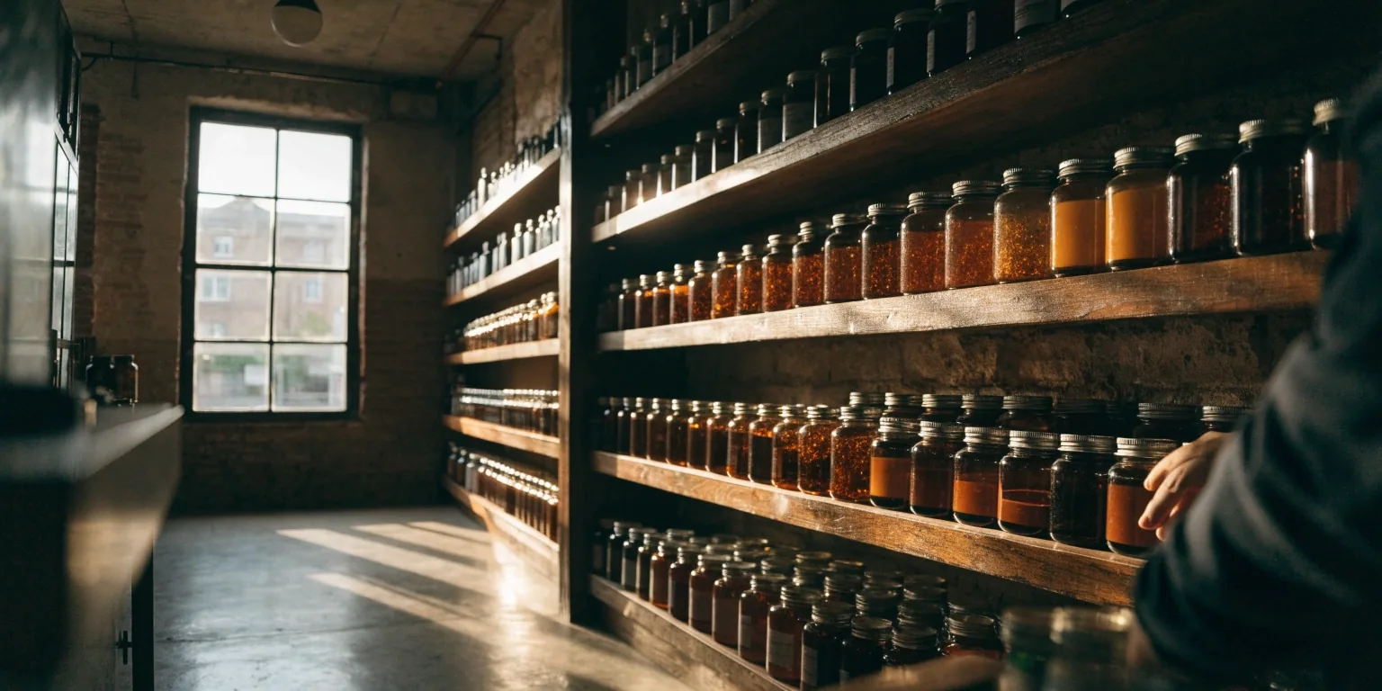 Estantería de una tienda de suplementos naturales con luz de tarde