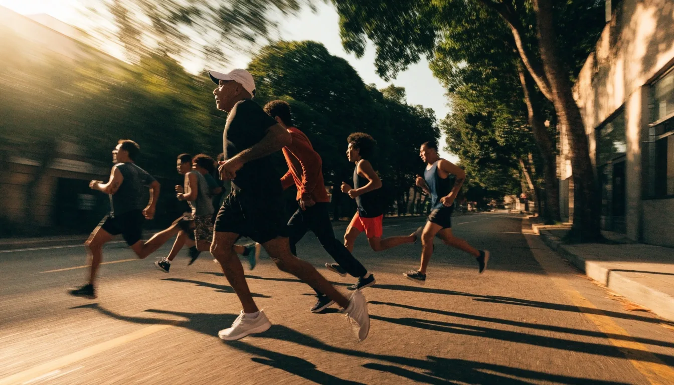 Grupo de hombres corriendo juntos por una avenida arbolada al amanecer