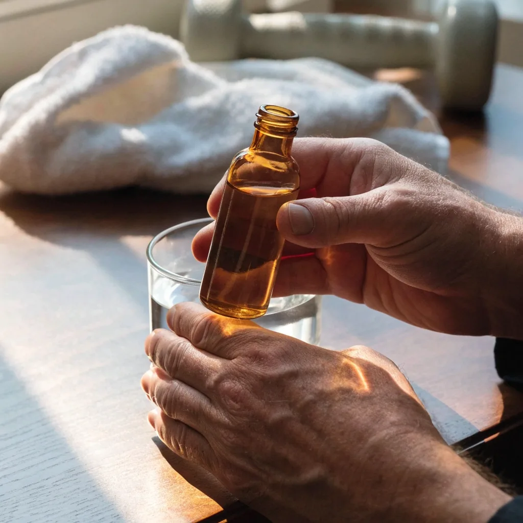 Momentos de la rutina: agua y suplemento sobre una mesa de madera