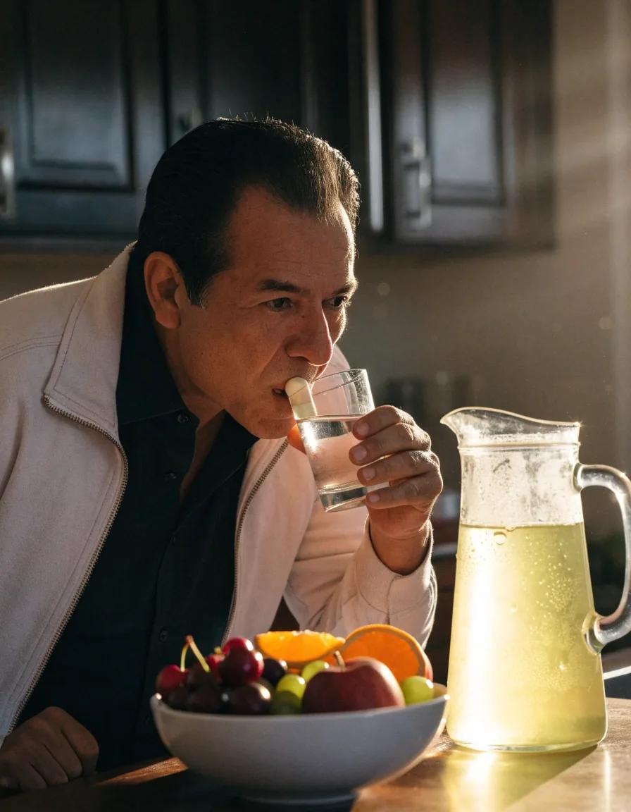 Hombre en su cocina por la mañana sosteniendo un vaso de agua y una cápsula de suplemento natural