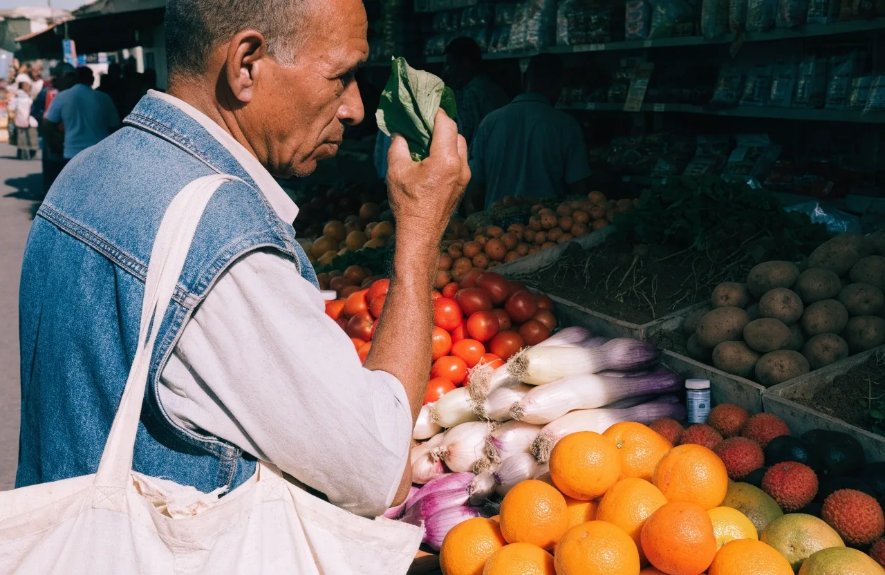 Hombre eligiendo fruta y verdura fresca en un mercado de Mérida