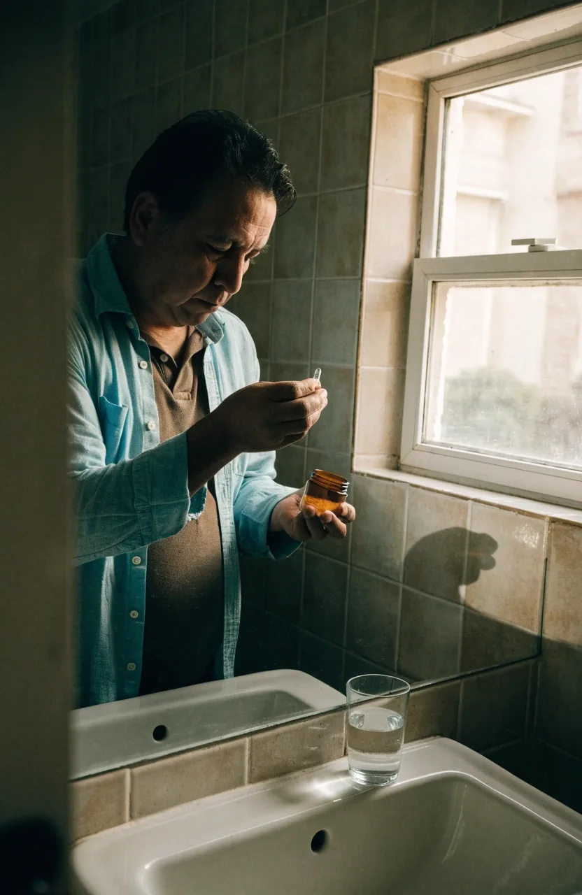 Hombre mexicano organizando sus cápsulas y vitaminas en la cocina por la mañana