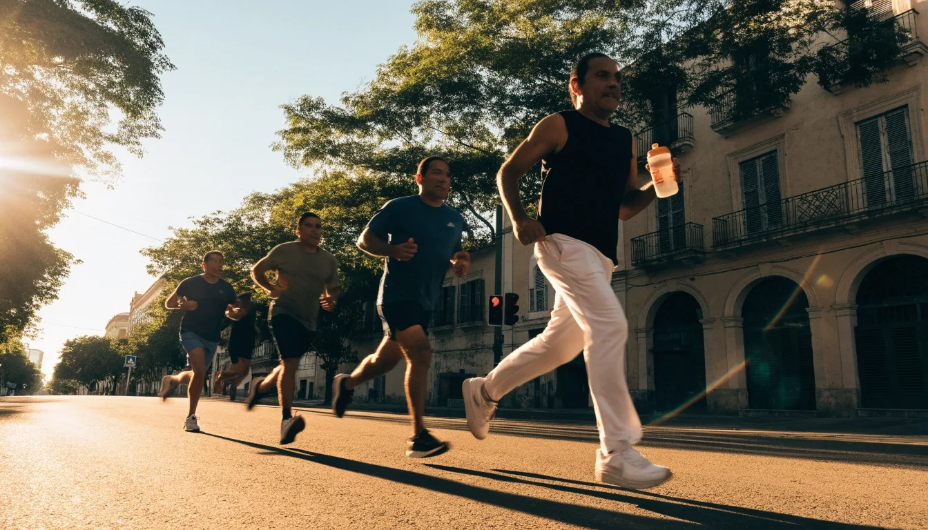 Hombres entrenando al amanecer en una avenida arbolada de Mérida
