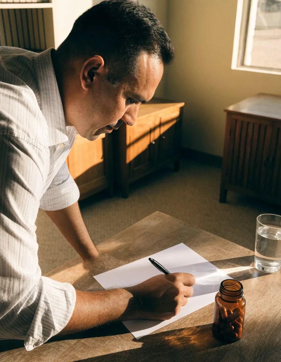 Hombre escribiendo una solicitud en una mesa de madera en un interior luminoso de Mérida