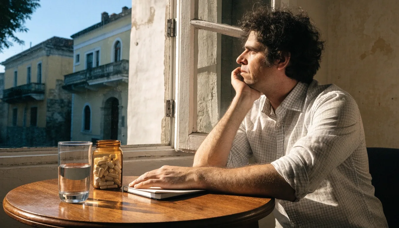 Hombre trabajando junto a una ventana en Mérida, con un vaso de agua y un frasco ámbar sobre el escritorio