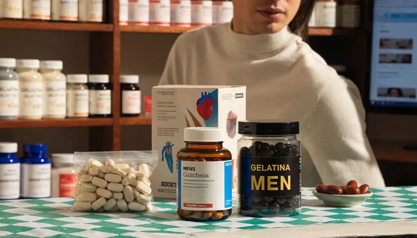 Manos comparando dos frascos de suplementos sobre un escritorio junto a una lupa