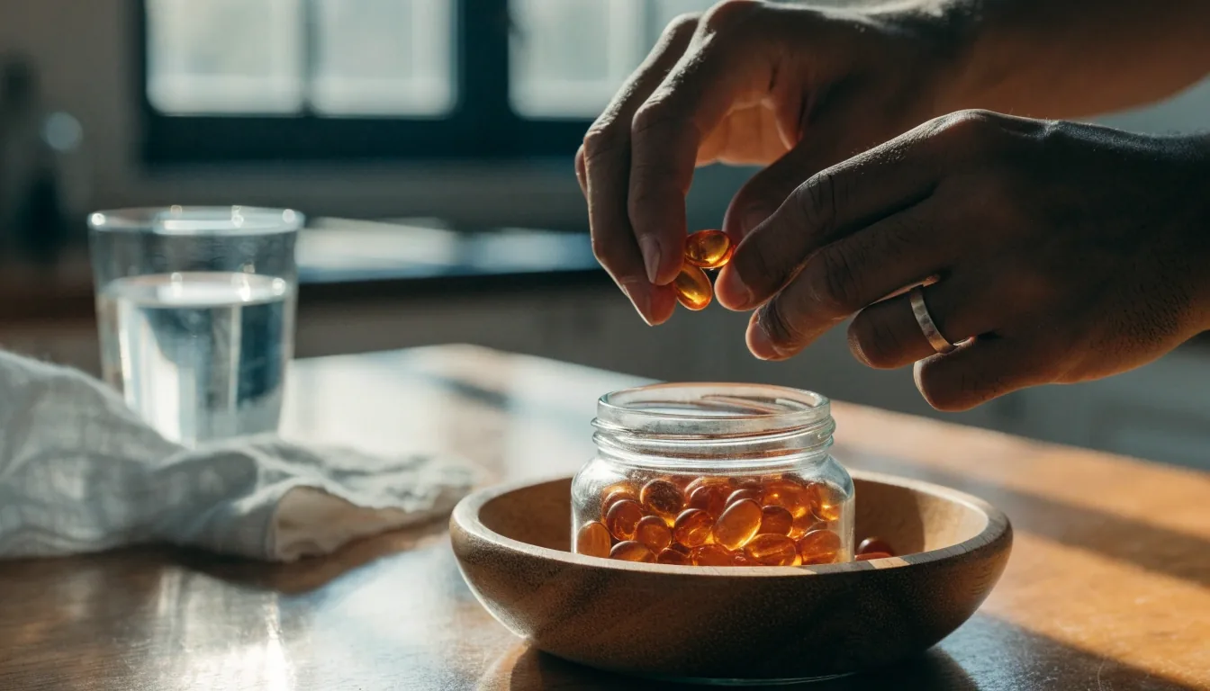 Manos de un hombre clasificando cápsulas naturales junto a un vaso de agua en una mesa de madera