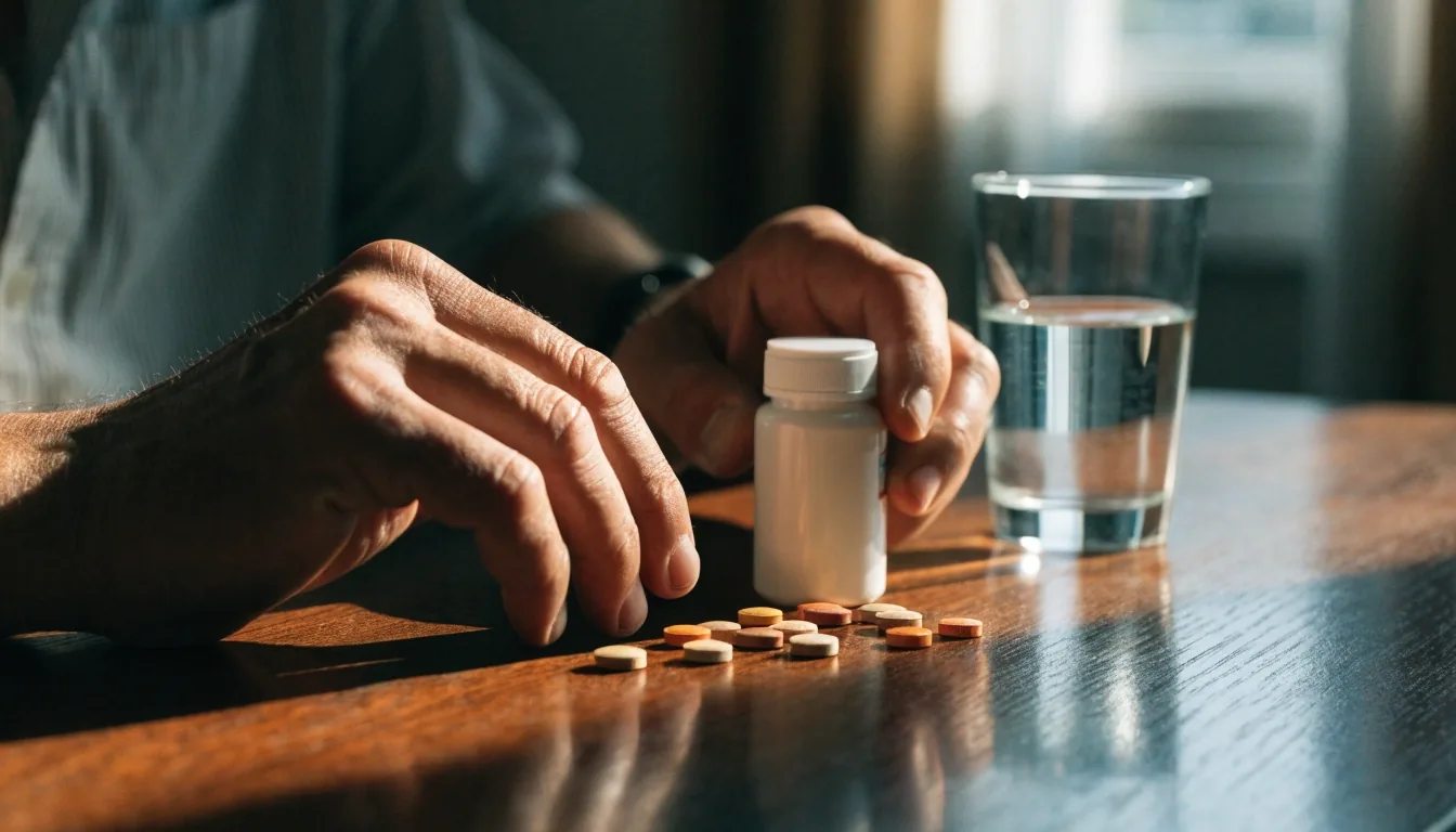 Manos sosteniendo un frasco neutro de suplemento junto a tabletas multivitamínicas sobre una mesa de madera oscura